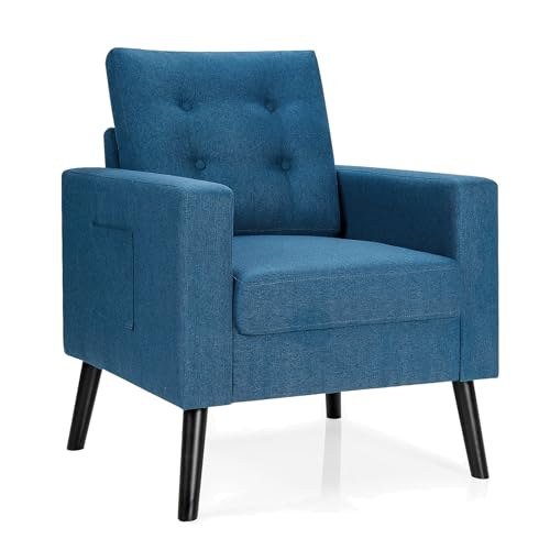RELAX4LIFE Polstersessel, Relaxsessel mit Rücken-& Sitzkissen, Einzelsofa mit Holzbeinen& 2 Seitentaschen, Wohnzimmerstuhl mit Sitztiefe von 53cm, für Wohnzimmer Schlafzimmer Büro, 81×67×86cm (Blau) von RELAX4LIFE