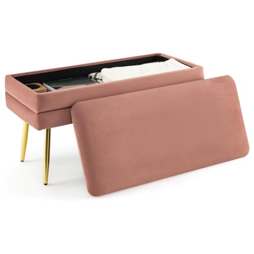 RELAX4LIFE Sitzbank mit Stauraum, Polsterbank mit Metallbeinen, Betttruhe Gepolstert, Truhenbank für Wohnzimmer Schlafzimmer Flur, Rosa+Gold, 78 x 36 x 42 cm von RELAX4LIFE