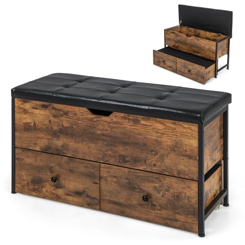 RELAX4LIFE Sitzbank mit Stauraum, Schuhbank mit Gepolsterte Sitzfläche, Sitztruhe mit 2 Schubladen auf Rollen, Flur Schrank mit Verstellbaren Fußstützen, Truhe für Flur Schlafzimmer Wohnzimmer von RELAX4LIFE