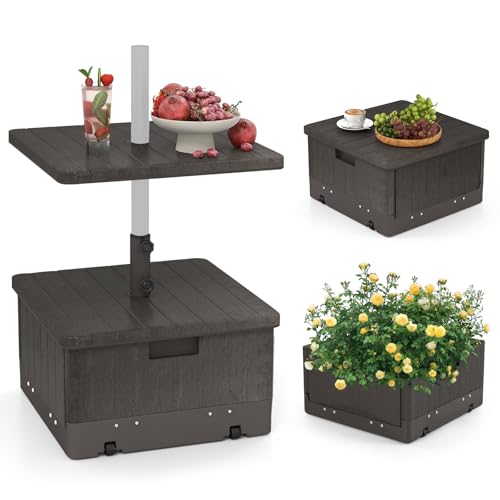 RELAX4LIFE Sonnenschirmständer mit Rollen, 3-in-1 Beistelltisch & Pflanzgefäß & Schirmständer, mit Tischablage, Griffe, Gewichtstasche, für Schirmstangen von 38/48 mm, Bepflanzbar, Befüllbar (Braun) von RELAX4LIFE