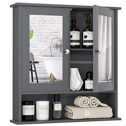 RELAX4LIFE Spiegelschrank Badezimmerspiegelschrank Hängeschrank Badezimmerschrank Badschrank Schminkschrank Badmöbel, mit Spiegel, zweitürig, 56,5 x 13,5 x 58 cm (Grau) von RELAX4LIFE