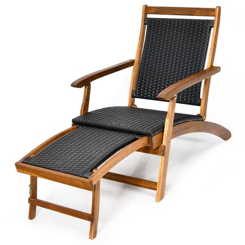 RELAX4LIFE Terrassen-Chaiselongue-Sessel – Akazienholz, zusammenklappbarer Rattan-Geflechtstuhl mit einziehbarer Fußstütze, platzsparender, ergonomischer Liegestuhl für Garten, Pool, Terrasse von RELAX4LIFE