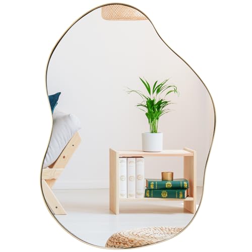 RELAX4LIFE Unregelmäßiger Wandspiegel, Asymetrischer Spiegel zum Aufhängen, Einzigartiger Kosmetikspiegel, Hängespiegel mit HD-Spiegel Robustem Rahmen, für Wohnzimmer Bad Flur(Gold,78x56x3cm) von RELAX4LIFE