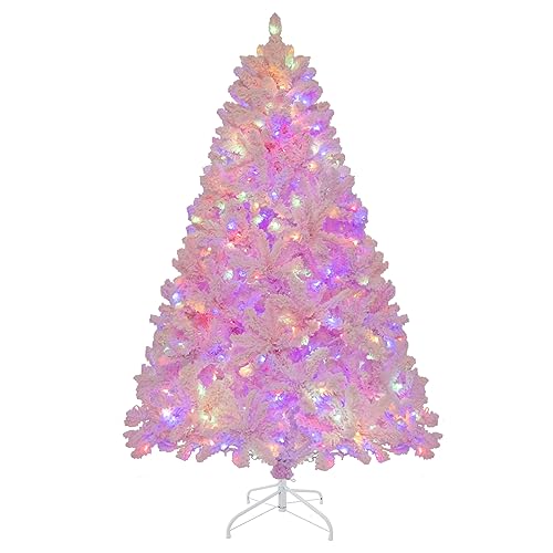 RELAX4LIFE Weihnachtsbaum Künstlich 180 cm, Weihnachtsbaum mit Schnee & 350 mehrfarbigen LEDs, 8 Transformationsmodi, 808 Zweigspitzen, aus PVC, Schnellaufbau Klappsystem, Metallständer, Rosa von RELAX4LIFE
