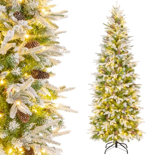 RELAX4LIFE Weihnachtsbaum Künstlich mit Schnee, Tannenbaum mit 280 warmweiße LEDs & 60 Tannenzapfen, Christbaum mit 671 Zweigspitzen, Bleistift Weihnachtsbaum 190 cm, Schnellaufbau Klappsystem von RELAX4LIFE