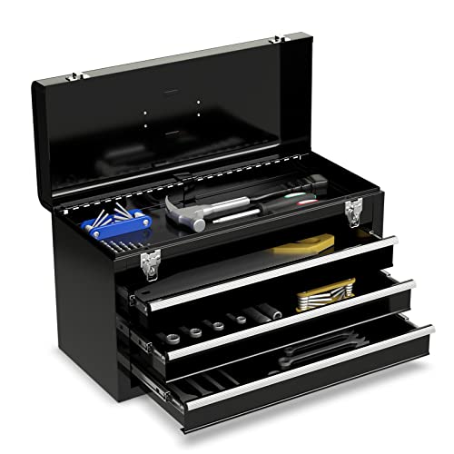 RELAX4LIFE Werkzeugkoffer, Werkzeugkasten, Werkzeugbox, tragbare Werkzeugaufbewahrung, Werkzeugkiste aus Metall, Werkzeugschrank mit 3 Schubladen und 1 Ablagefach, 52 x 21,5 x 30 cm (Schwarz) von RELAX4LIFE