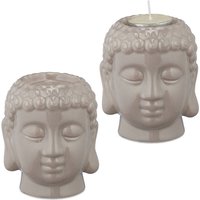 2 x Buddha Teelichthalter, Keramik, Buddha-Kopf für Teelicht, Zen-Deko für Wohnzimmer & Bad, Feng Shui Deko, grau von RELAXDAYS
