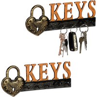 2 x Schlüsselbrett, 5 Haken, Vorhängeschloss & Keys-Schriftzug, Gusseisen, Vintage, hbt: 10 x 26 x 3 cm, orange/schwarz von RELAXDAYS