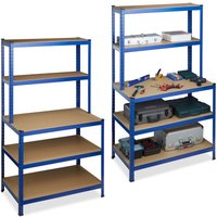 2 x Schwerlastregal, mit Werkbank, Traglast 900 kg, 5 Ebenen, zum Stecken, Keller, HxBxT 180x100x60 cm, Stahl, mdf, blau von RELAXDAYS