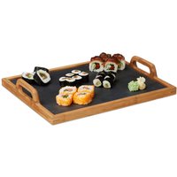 Relaxdays - 2 x Serviertablett Bambus, mit Schieferplatte, 2 Henkel, Deko Accessoire, Küche, h x b x t: 6 x 40,5 x 32 cm, natur von RELAXDAYS