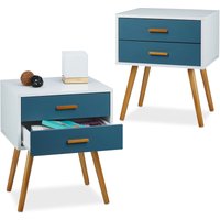 2x Nachttisch Skandinavisch, Nachttischschrank, 2 Schubladen, Nachtschrank, hbt: 58x41x48 cm, matt lackiert, türkis-weiß von RELAXDAYS