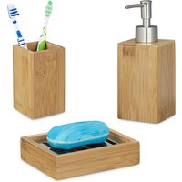 3 teiliges Badaccessoire Set, aus Bambus, Seifenspender nachfüllbar, Seifenschale Seifenablage, Zahnputzbecher, natur von RELAXDAYS