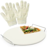 3 teiliges Pizza-Set, Pizzastein aus Cordierit, für Backofen und Grill, 2 Grillhandschuhe aus Aramid, beige von RELAXDAYS