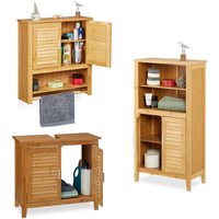 3 tlg Badeinrichtungs Set lamell, Waschbeckenunterschrank, Badschrank mit Türen, Hängeschrank mit Handtuchhalter, Bambus von RELAXDAYS