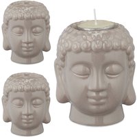 3 x Buddha Teelichthalter, Keramik, Buddha-Kopf für Teelicht, Zen-Deko für Wohnzimmer & Bad, Feng Shui Deko, grau von RELAXDAYS