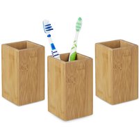 3 x Zahnputzbecher Bambus, Zahnbürstenhalter eckig, Bambusbecher für Zahnbürste und Zahnpasta, HBT 11 x 6,5 x 6,5 cm, natur von RELAXDAYS