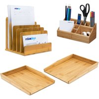 4 teiliges Schreibtisch Set, aus Bambus, 2 Briefablagen für A4 , Schreibtischorganizer, Dokumentenhalter stehend, natur von RELAXDAYS