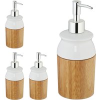 4 x Seifenspender, nachfüllbar, Lotionsspender mit Pumpkopf, Bambus & Keramik, Bad, Pumpspender, 225 ml, natur/weiß von RELAXDAYS