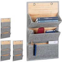 4 x Wandorganizer Bambus, 3 Jutemuster Fächer, hbt 58x34x15 cm, Zeitungshalter Büro und Flur, Hängeaufbewahrung, grau von RELAXDAYS