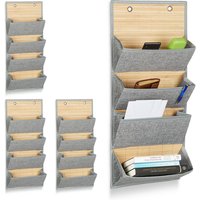 4 x Wandorganizer Bambus, mit 4 Jutemuster Fächer, HxBxT: 75 x 34 x 12 cm, Zeitungshalter für Büro und Flur, grau von RELAXDAYS