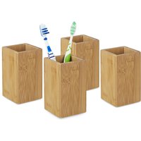 4 x Zahnputzbecher Bambus, Zahnbürstenhalter eckig, Bambusbecher für Zahnbürste und Zahnpasta, hbt 11 x 6,5 x 6,5 cm, natur von RELAXDAYS