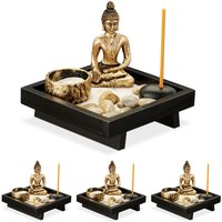 4 x Zen Garten, mit Buddha, Steinen, Sand, Räucherstäbchen & Teelichthalter, Entspannung, Feng Shui Deko, schwarz von RELAXDAYS