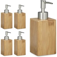 5 x Seifenspender Bambus, eckig, manueller Pumpspender, hbt: 18 x 6,5 x 8 cm, nachfüllbar, Lotionspender, natur von RELAXDAYS