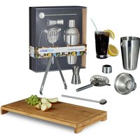 6 teiliges Bar-Set, großes Cocktail Set aus Edelstahl, mit Shaker, Barmaß, Löffel, Barsieb und Zange, Schneidebrett aus Bambus 6 teiliges Bar-Set, großes Cocktail Set aus Edelstahl, mit Shaker, Barmaß, Löffel, Barsieb und Zange, Schneidebrett aus Bambus von RELAXDAYS