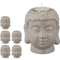 6 x Buddha Teelichthalter, Keramik, Buddha-Kopf für Teelicht, Zen-Deko für Wohnzimmer & Bad, Feng Shui Deko, grau von RELAXDAYS