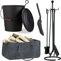 8 tlg. Kamin-Komplettset, Ascheeimer, Kohlenschaufel, Kaminholztasche, Kaminbesteck, Stahl, Filz, schwarz/anthrazit von RELAXDAYS