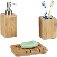 Badaccessoires Bambus, 3-teiliges Badezimmer Set aus Seifenspender, Seifenschale u. Zahnbürstenhalter, natur - Relaxdays von RELAXDAYS