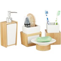 Badezimmer Set, 4-teiliges Badzubehör aus Keramik und Bambus, Seifenspender und Zahnputzbecher, natur-weiß - Relaxdays von RELAXDAYS