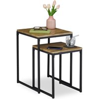 Beistelltisch 2er Set, stapelbar, Industrie Design, Satztisch 2 Größen, quadratisch, Metall, Holzoptik/schwarz - Relaxdays von RELAXDAYS