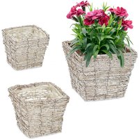 Blumentopf, 3er Set, Rattan, Pflanzentöpfe mit Folie, 3 Größen, quadratische Pflanzkörbe für innen, weiß/natur - Relaxdays von RELAXDAYS