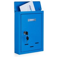 Relaxdays - Briefkasten mit Namensschild, aus Metall, mit 2 Schlüsseln, Postkasten schmal, HxBxT: 30,5 x 21 x 7 cm, blau von RELAXDAYS