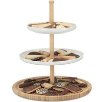 Etagere Bambus und Keramik, 3-stöckig, Servierplatte, DxH: 30 x 36 cm für Kekse, Obst, Knabberzeug, natur-weiß - Relaxdays von RELAXDAYS