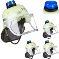 Relaxdays - Feuerwehrhelm Kinder 4er Set, verstellbar, klappbares Visier, Nackentuch, Blaulicht, hbt 28,5x22,5x28 cm, gelb von RELAXDAYS