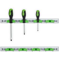 Gerätehalter Wandhalterung 2er Set, Besenhalter mit Haken, je 4 Wandklemmen für Gartengeräte, Alu, silber/grün - Relaxdays von RELAXDAYS