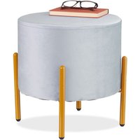 Hocker Samt, 4 Metallbeine, gepolsterter Sitzhocker, h x d: 39 x 37 cm, Couchhocker Wohnzimmer, grau-gold - Relaxdays von RELAXDAYS