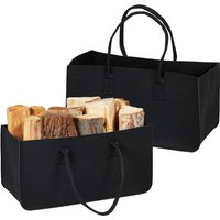 Kaminholztasche aus Filz, 2er Set, 28 l Volumen, xxl Filztasche, für Kaminholz, tragbarer Holzkorb, schwarz - Relaxdays von RELAXDAYS