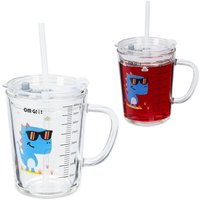 Kindergläser 2er Set, Dino-Motiv, Trinkglas Kinder, mit Henkel, Deckel & Strohhalm, 400 ml Skala, transparent - Relaxdays von RELAXDAYS