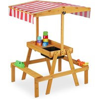 Relaxdays - Kindersitzgruppe, Sitzbank mit Spieltisch, Sonnenschutz, Outdoor, Holz Matschküche hbt 110 x 65 x 83 cm, natur von RELAXDAYS