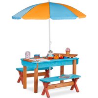 Kindersitzgruppe Garten, Holz, Spieltisch Set aus Tisch, 2x Sitzbank & Sonnenschirm, Outdoor Kindermöbel, bunt - Relaxdays von RELAXDAYS