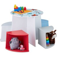 Relaxdays - Kindersitzgruppe Hundemotiv, Kindertisch, 4x Hocker, Kindertischgruppen Set für Jungen und Mädchen, mdf, bunt von RELAXDAYS