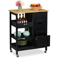Küchenwagen, Arbeitsplatte, 3 Schubladen, 3 Fächer, hbt 85x68,5x38,5 cm, Kücheninsel auf Rollen, schwarz/natur - Relaxdays von RELAXDAYS