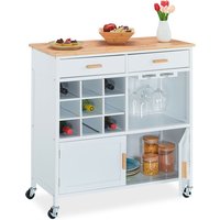 Küchenwagen, HxBxT: 88,5 x 86 x 41 cm, Arbeitsplatte, Weinregal, Gläserhalter, Küchenschrank mit Rollen, weiß - Relaxdays von RELAXDAYS