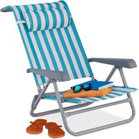 Liegestuhl klappbar, 8-stufig verstellbar, Strandstuhl mit Nackenkissen, Armlehnen & Flaschenöffner, blau/weiß - Relaxdays von RELAXDAYS