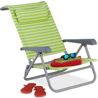 Liegestuhl klappbar, 8-stufig verstellbar, Strandstuhl mit Nackenkissen, Armlehnen & Flaschenöffner, grün/weiß - Relaxdays von RELAXDAYS