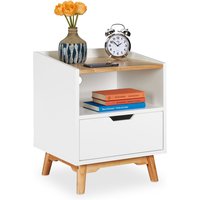 Nachttisch mit Holzbeinen, skandinavisches Design, Schublade, offenes Fach, Betttisch 50 x 43 x 40 cm, weiß - Relaxdays von RELAXDAYS