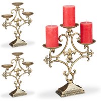 3 x Kerzenständer, 3-armig, Kerzenhalter Stumpenkerzen, Shabby, Vintage, Gusseisen, HxBxT: 28,5 x 23 x 7,5 cm, gold von RELAXDAYS